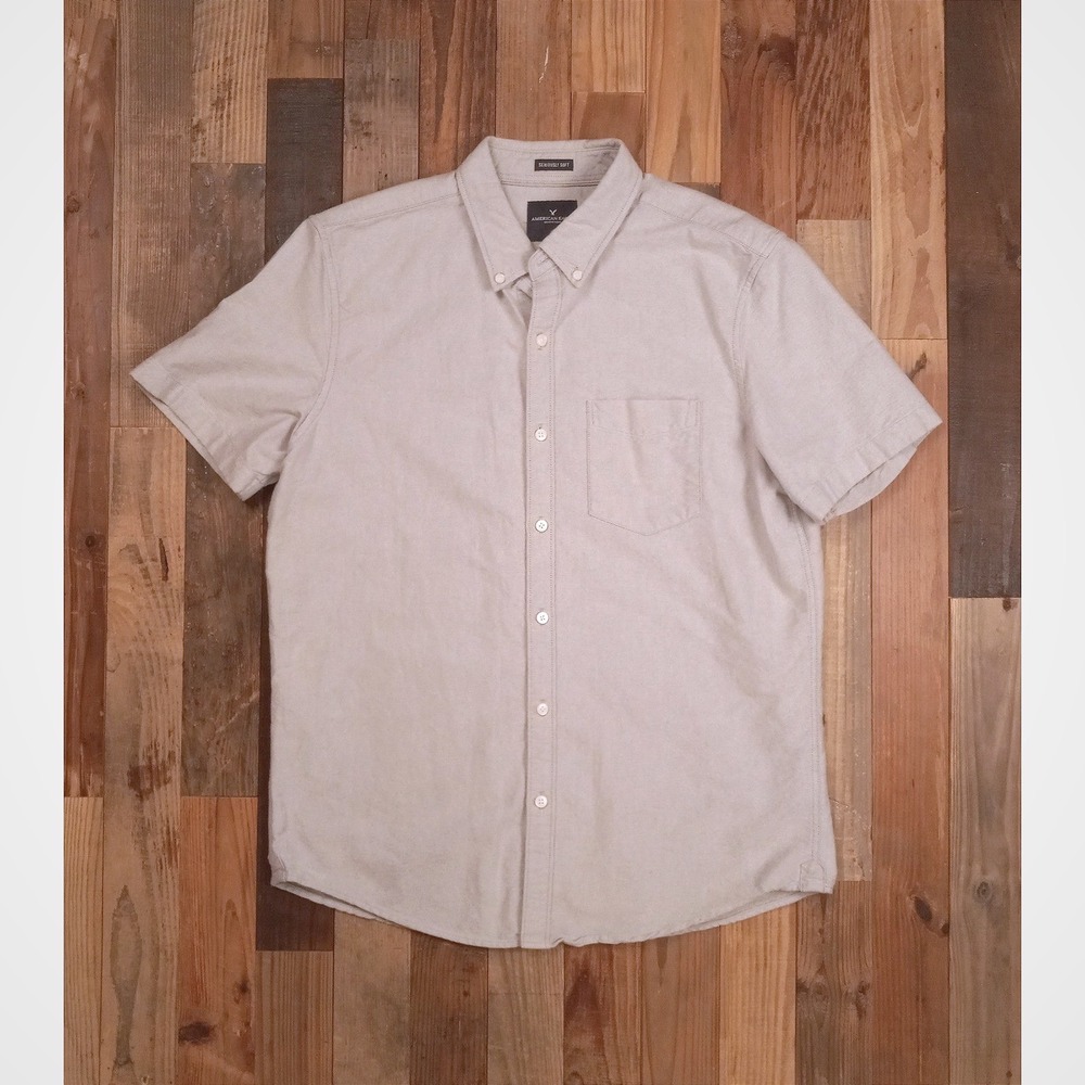 American Eagle Seriously Soft Short Sleeve Button Down Shirt Gray Mens Large L - Picture 1 of 5